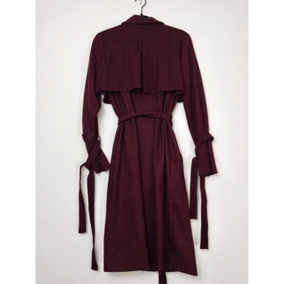NEW J.O.A Belted Trench Coat S Burgundy Maroon Tie Cuff Double Breasted Utility - Picture 10 of 12
